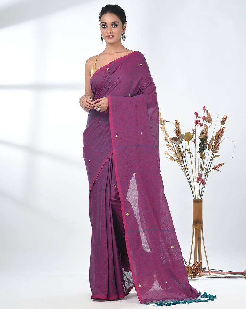 Elegant magenta cotton handspun saree with sequin embellishments and pom pom