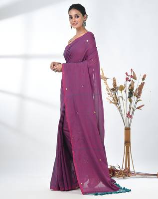 Elegant magenta cotton handspun saree with sequin embellishments and pom pom 2
