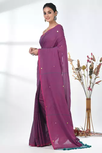 Elegant magenta cotton handspun saree with sequin embellishments and pom pom