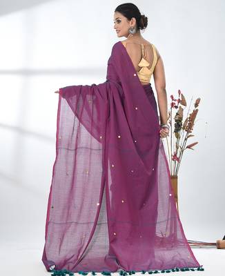 Elegant magenta cotton handspun saree with sequin embellishments and pom pom 3