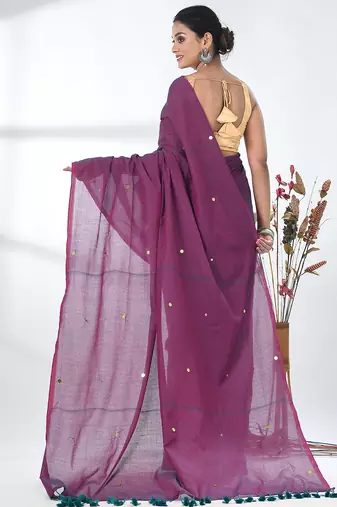 Elegant magenta cotton handspun saree with sequin embellishments and pom pom