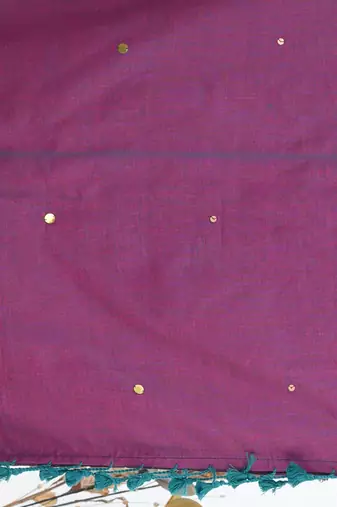Elegant magenta cotton handspun saree with sequin embellishments and pom pom
