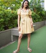 Mustard yellow linen mini summer dress with ruffeled sleeves