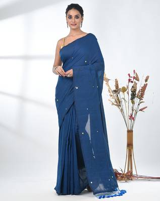 Elegant sapphire blue cotton handspun saree with sequin embellishments and pom pom 1