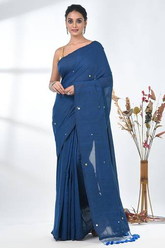Elegant sapphire blue cotton handspun saree with sequin embellishments and pom pom