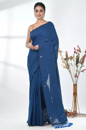 Elegant sapphire blue cotton handspun saree with sequin embellishments and pom pom