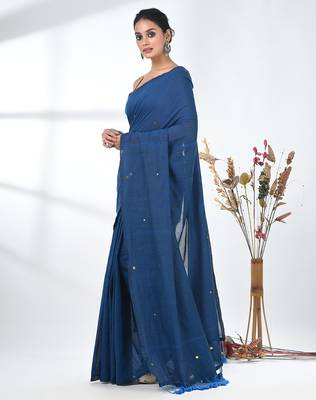 Elegant sapphire blue cotton handspun saree with sequin embellishments and pom pom 2