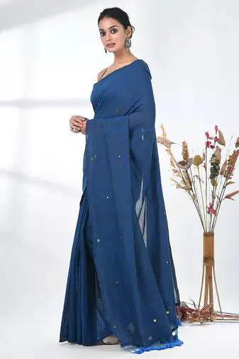 Elegant sapphire blue cotton handspun saree with sequin embellishments and pom pom
