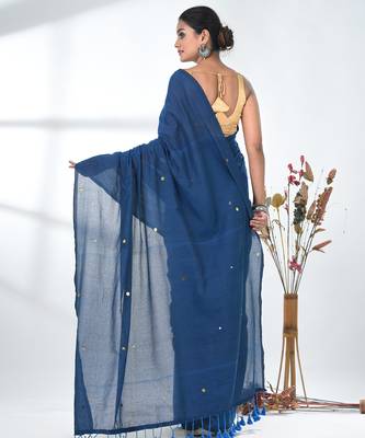 Elegant sapphire blue cotton handspun saree with sequin embellishments and pom pom 3