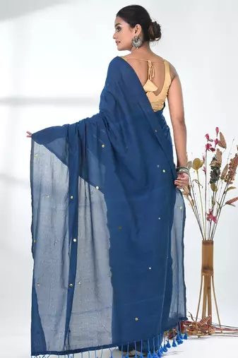 Elegant sapphire blue cotton handspun saree with sequin embellishments and pom pom