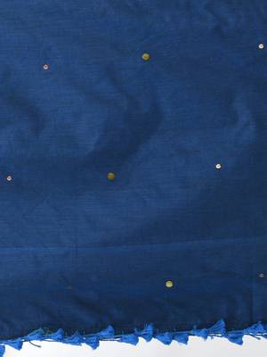 Elegant sapphire blue cotton handspun saree with sequin embellishments and pom pom 4