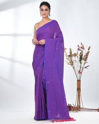 Elegant purple cotton handspun saree with sequin embellishments and pom pom 1