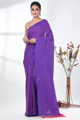 Elegant purple cotton handspun saree with sequin embellishments and pom pom