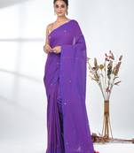Elegant purple cotton handspun saree with sequin embellishments and pom pom
