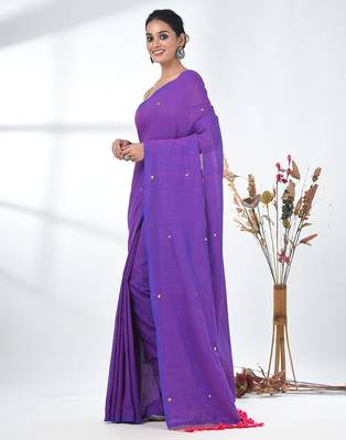 Elegant purple cotton handspun saree with sequin embellishments and pom pom 2