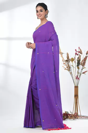 Elegant purple cotton handspun saree with sequin embellishments and pom pom
