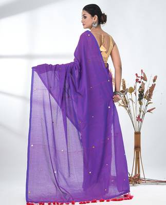 Elegant purple cotton handspun saree with sequin embellishments and pom pom 3