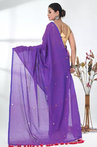 Elegant purple cotton handspun saree with sequin embellishments and pom pom