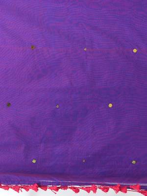 Elegant purple cotton handspun saree with sequin embellishments and pom pom 4