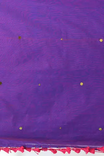 Elegant purple cotton handspun saree with sequin embellishments and pom pom