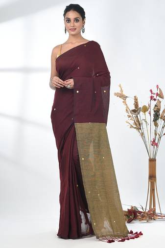 Maroon sequin-detail plain saree with beige pallu