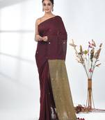Maroon sequin-detail plain saree with beige pallu