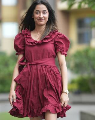 Dark maroon vintage pure cotton mini summer dress with ruffeled sleeves 3