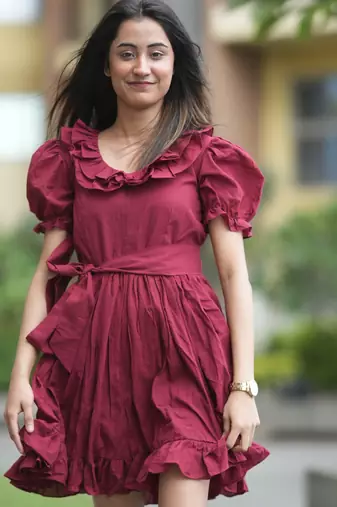 Dark maroon vintage pure cotton mini summer dress with ruffeled sleeves