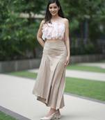 Soft pink ruffled top with pleated linen long skirt