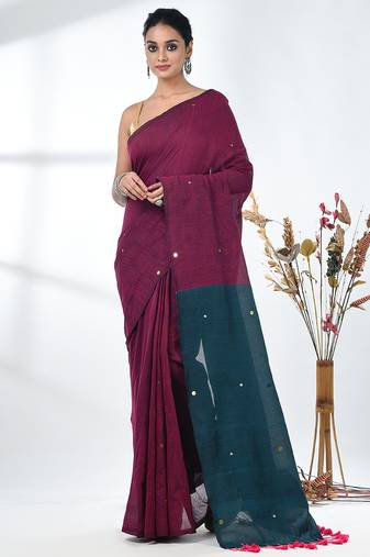 Magenta sequin-detail plain saree with teal pallu