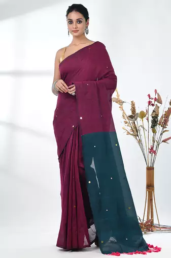 Magenta sequin-detail plain saree with teal pallu