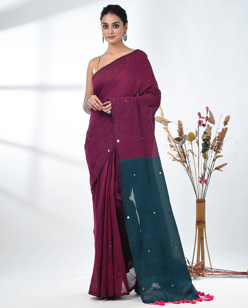 Magenta sequin-detail plain saree with teal pallu