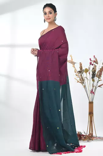 Magenta sequin-detail plain saree with teal pallu