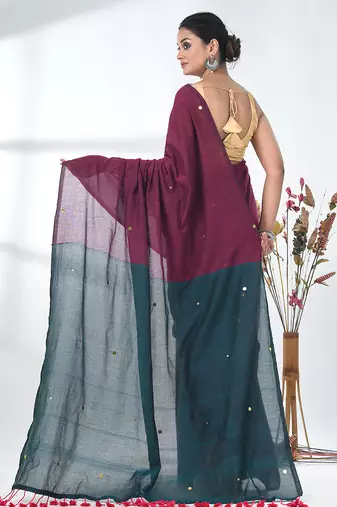 Magenta sequin-detail plain saree with teal pallu