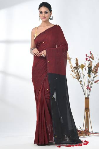 Dark red sequin-detail plain saree with black pallu