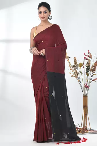 Dark red sequin-detail plain saree with black pallu
