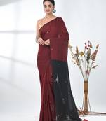 Dark red sequin-detail plain saree with black pallu