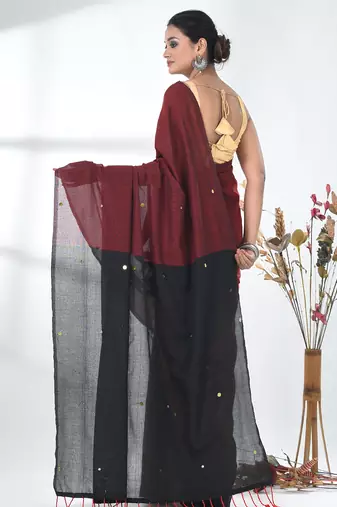 Dark red sequin-detail plain saree with black pallu