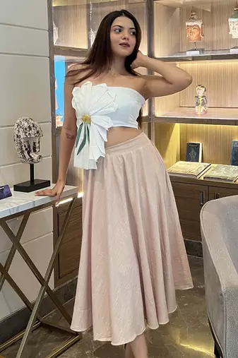3d floral design white tube top with long linen beige skirt western wear