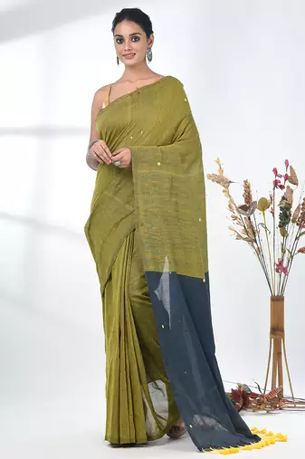 Lime green sequin-detail plain saree with teal pallu