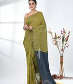 Lime green sequin-detail plain saree with teal pallu