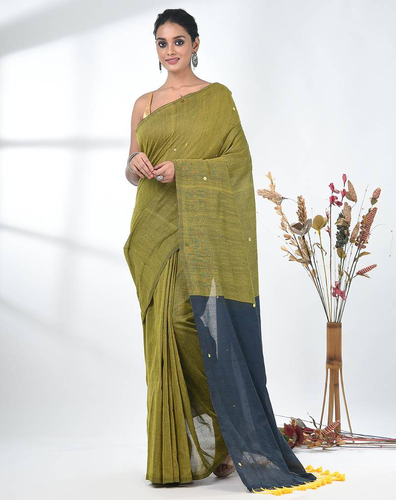 Lime green sequin-detail plain saree with teal pallu