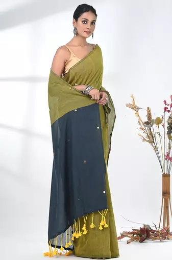 Lime green sequin-detail plain saree with teal pallu