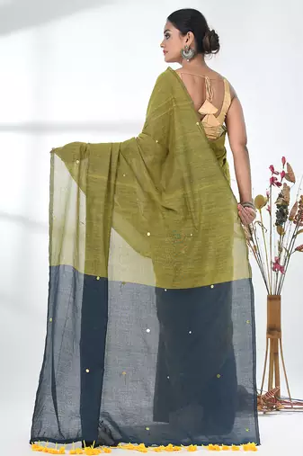 Lime green sequin-detail plain saree with teal pallu