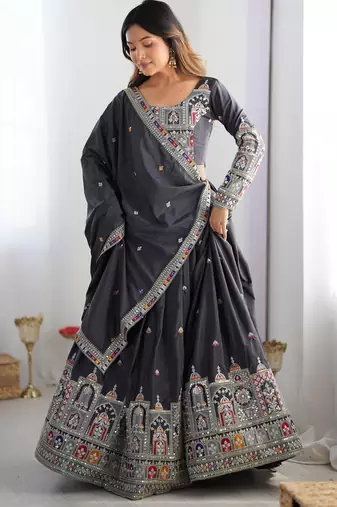 Charcoal Grey Natural Crep Silk Lehenga Choli with Multi-Colour Coding Dori Work