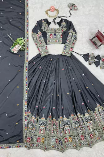 Charcoal Grey Natural Crep Silk Lehenga Choli with Multi-Colour Coding Dori Work