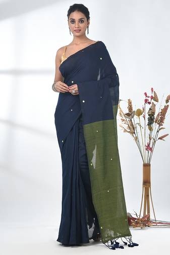 Navy blue sequin-detail plain saree with green pallu