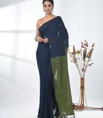 Navy blue sequin-detail plain saree with green pallu