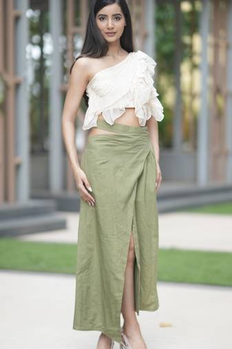 Yellow ruffled one shoulder top with bottole green cotton long skirt