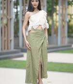 Yellow ruffled one shoulder top with bottole green cotton long skirt
